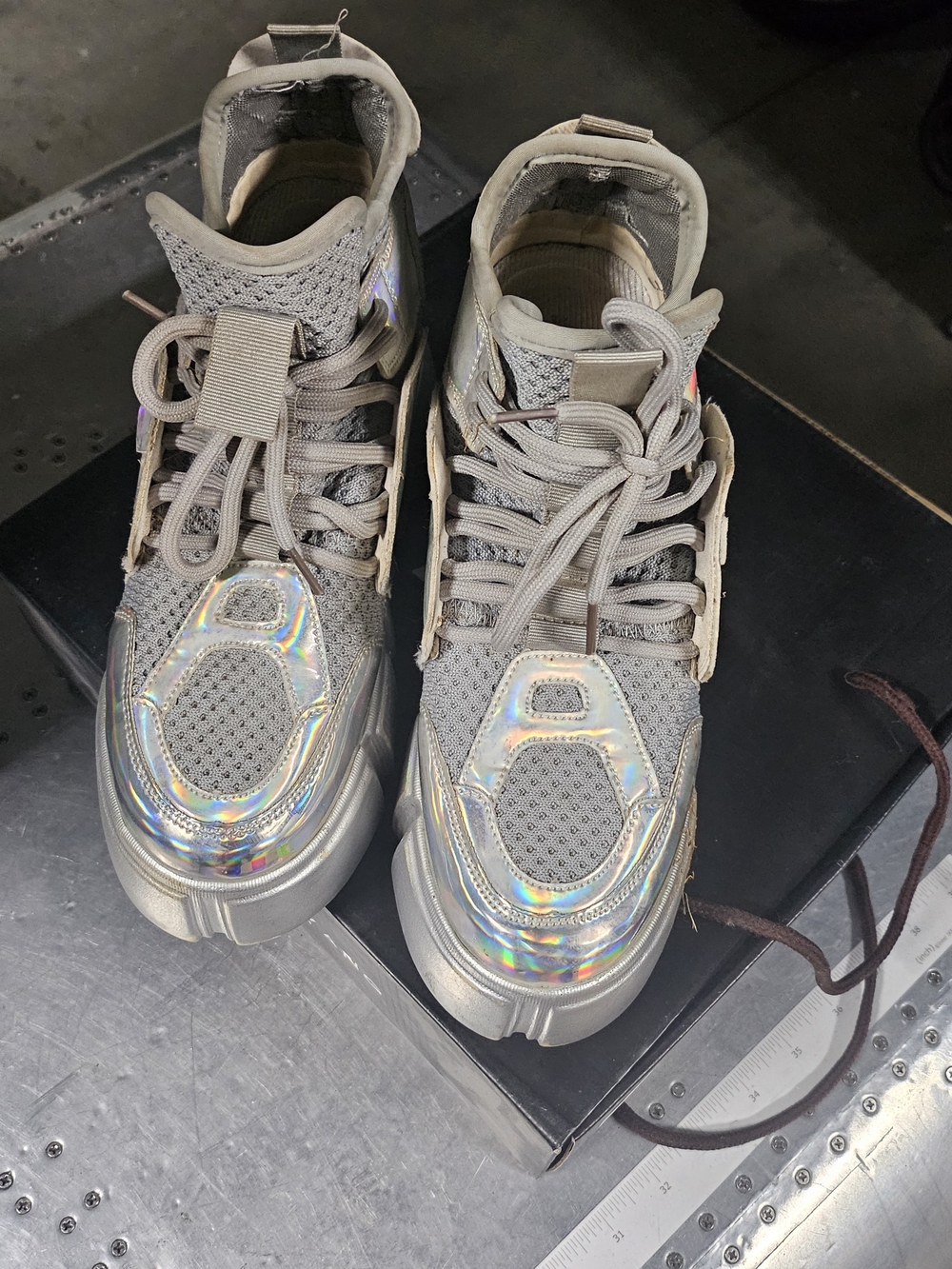 Chunky Taupe Knit Sneakers with Holographic Accent